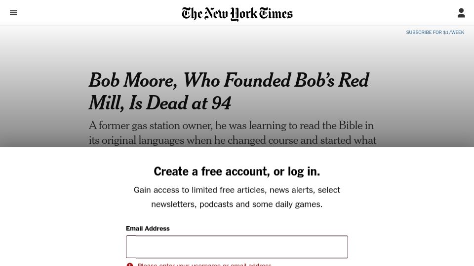 Screenshot of nytimes.com: Bob Moore, who founded Bob's Red Mill, has died