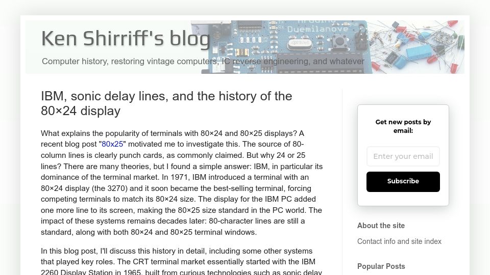 Screenshot of righto.com: IBM, sonic delay lines, and the history of the 80×24 display