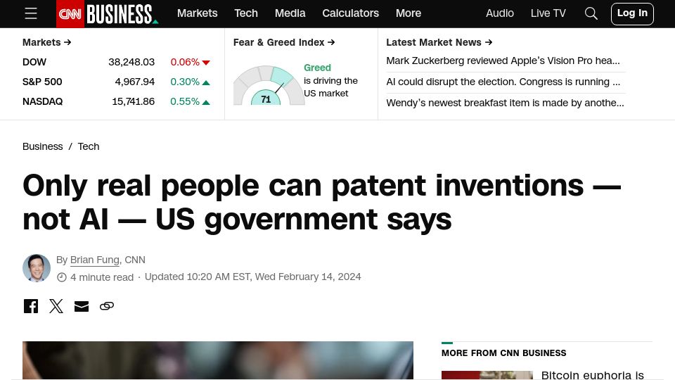 Screenshot of cnn.com: Only real people can patent inventions – not AI, US Government says