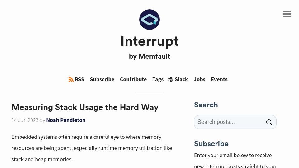 Screenshot of interrupt.memfault.com: Measuring Stack Usage the Hard Way (2023)