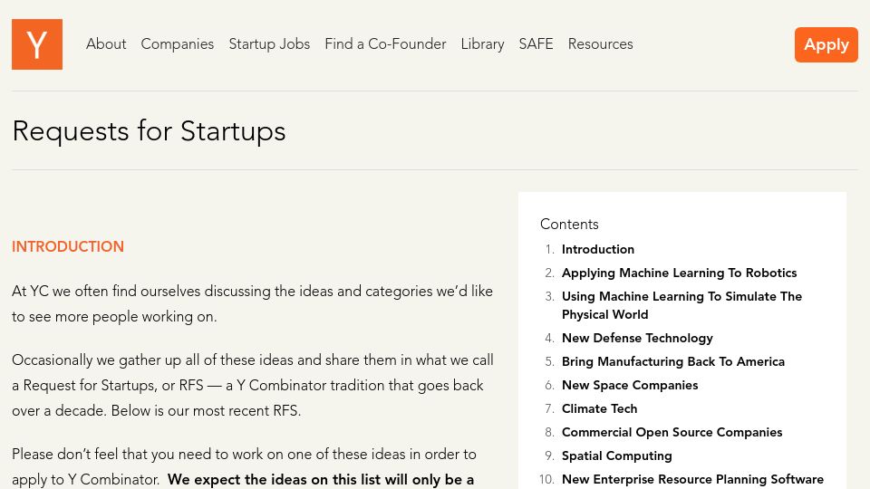 Screenshot of ycombinator.com: YC: Requests for Startups