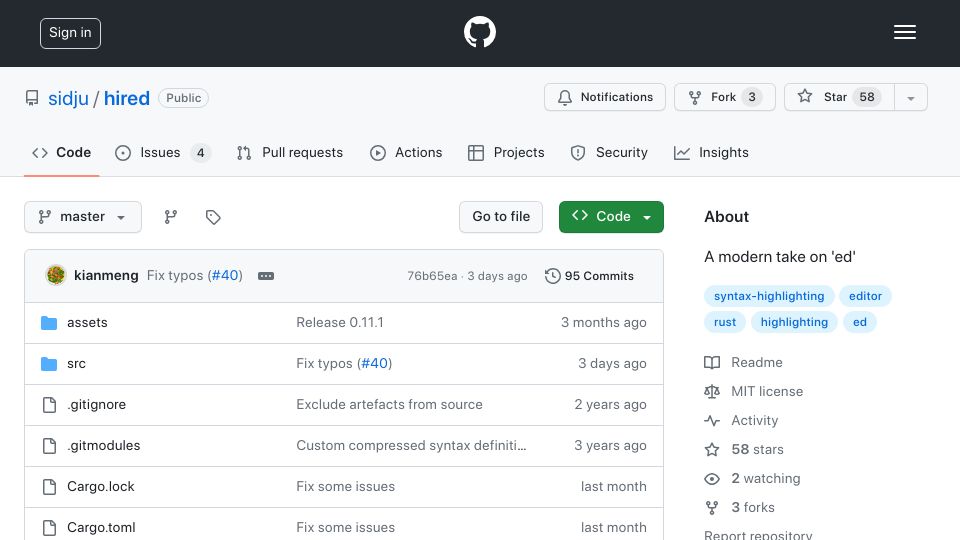 Screenshot of github.com: Hired: A Modern Take on 'Ed'