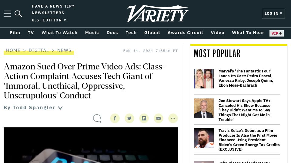 Screenshot of variety.com: Amazon Sued over Prime Video Ads: Class-Action Suit Alleges Deception