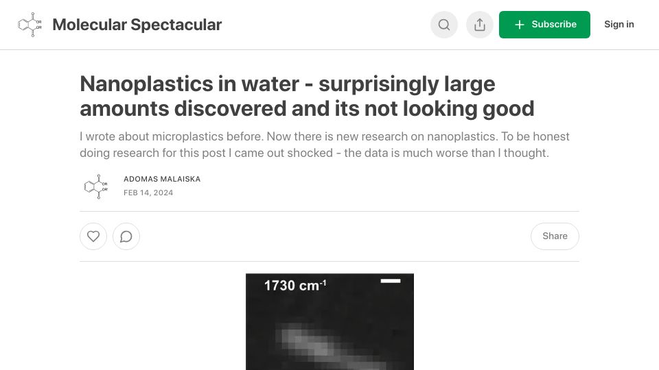 Screenshot of molecularspec.substack.com: Nanoplastics in water – surprisingly large amounts discovered and its not good