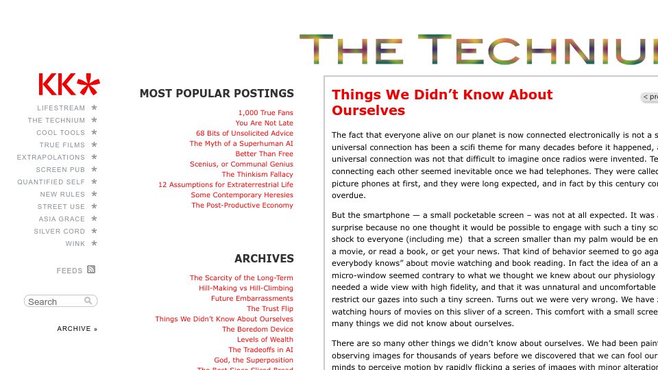 Screenshot of kk.org: Things we didn't know about ourselves