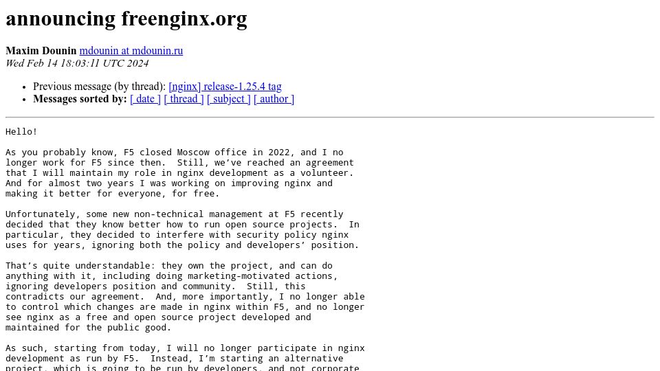 Screenshot of mailman.nginx.org: Freenginx: Core Nginx developer announces fork
