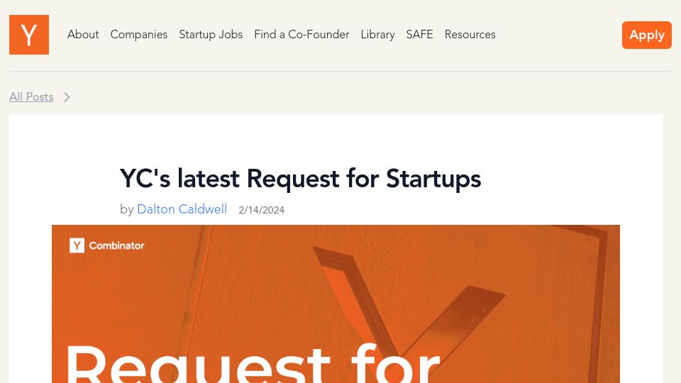 Screenshot of ycombinator.com: YC's Latest Request for Startups