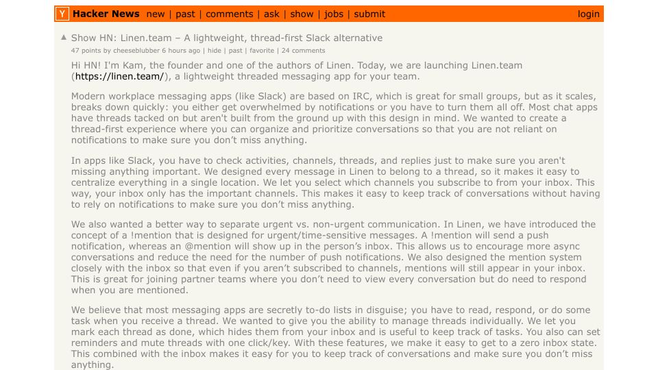 Screenshot of Hacker News post: Show HN: Linen.team – A lightweight, thread-first Slack alternative