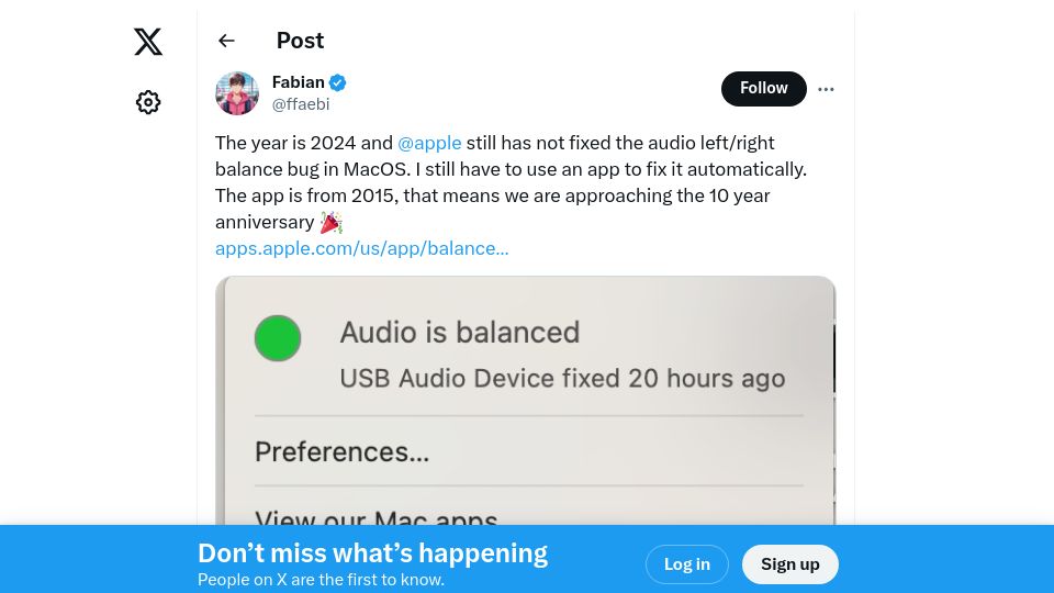 Screenshot of twitter.com: Apple has not fixed the macOS audio left/right balance bug for nearly 10 years