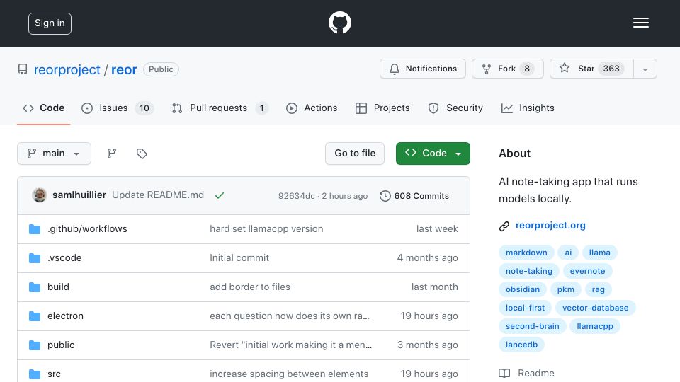 Screenshot of github.com: Show HN: Reor – An AI note-taking app that runs models locally