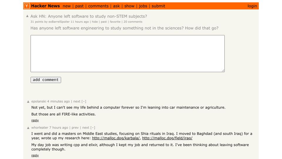 Screenshot of Hacker News post: Ask HN: Anyone left software to study non-STEM subjects?