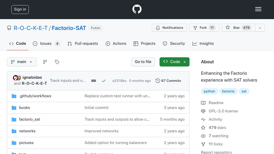 Screenshot of github.com: Enhancing Factorio with SAT solvers