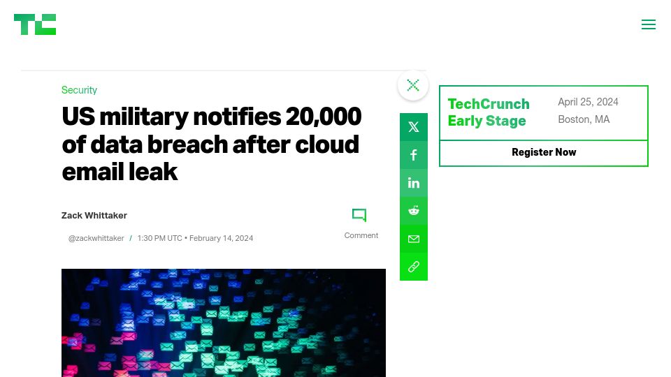 Screenshot of techcrunch.com: US Military notifies 20k of data breach after cloud email leak