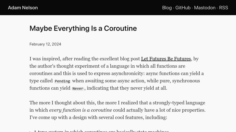 Screenshot of adam.nels.onl: Maybe Everything Is a Coroutine
