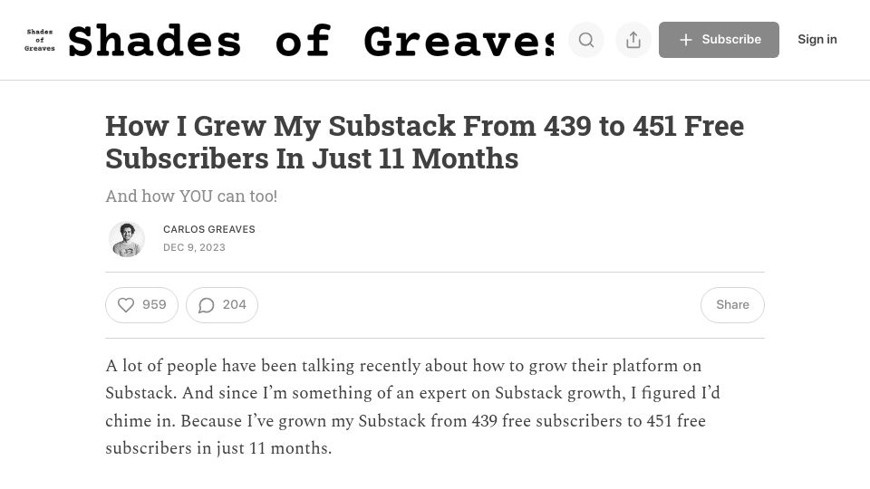 Screenshot of shadesofgreaves.substack.com: I Grew My Substack from 439 to 451 Free Subscribers in Just 11 Months