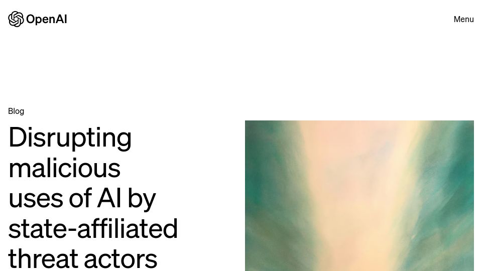 Screenshot of openai.com: Disrupting malicious uses of AI by state-affiliated threat actors