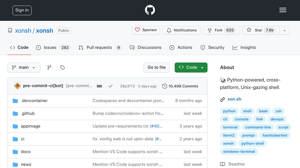 Screenshot of github.com: Xonsh: Python-powered, cross-platform, Unix-gazing shell