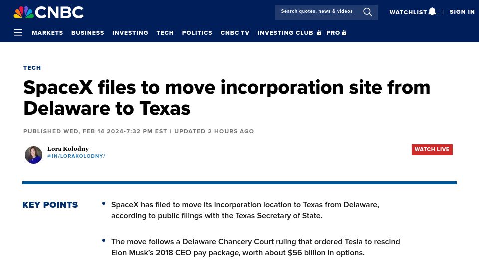 Screenshot of cnbc.com: SpaceX files to move incorporation site from Delaware to Texas