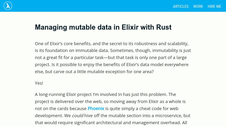 Screenshot of lambdafunctions.com: Managing mutable data in Elixir with Rust