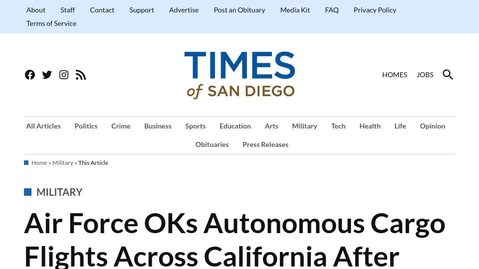 Screenshot of timesofsandiego.com: Air Force OKs autonomous cargo flights across California after successful test