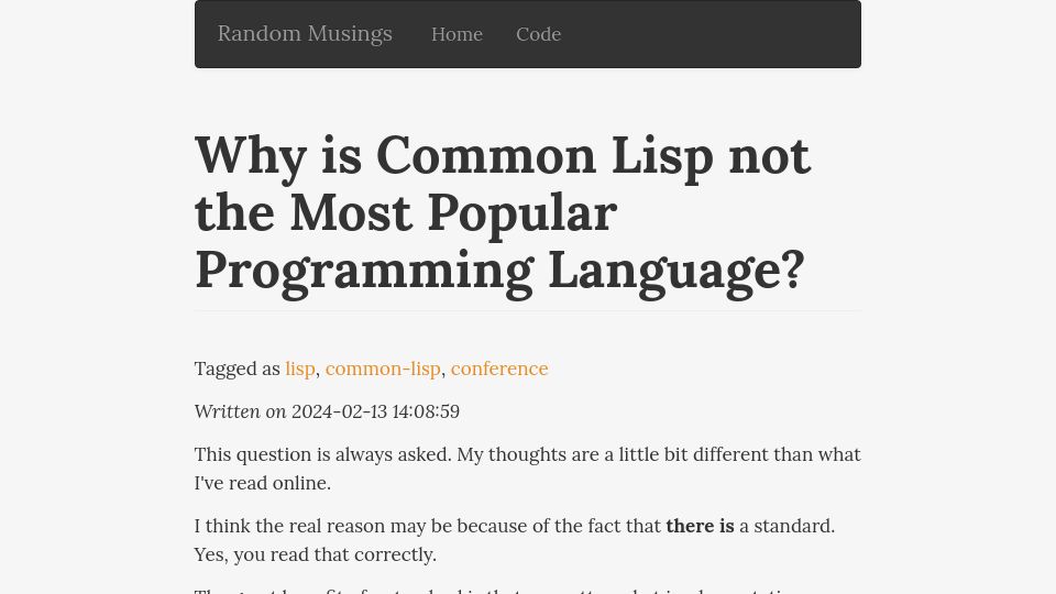 Screenshot of daninus14.github.io: Why is Common Lisp not the most popular programming language?