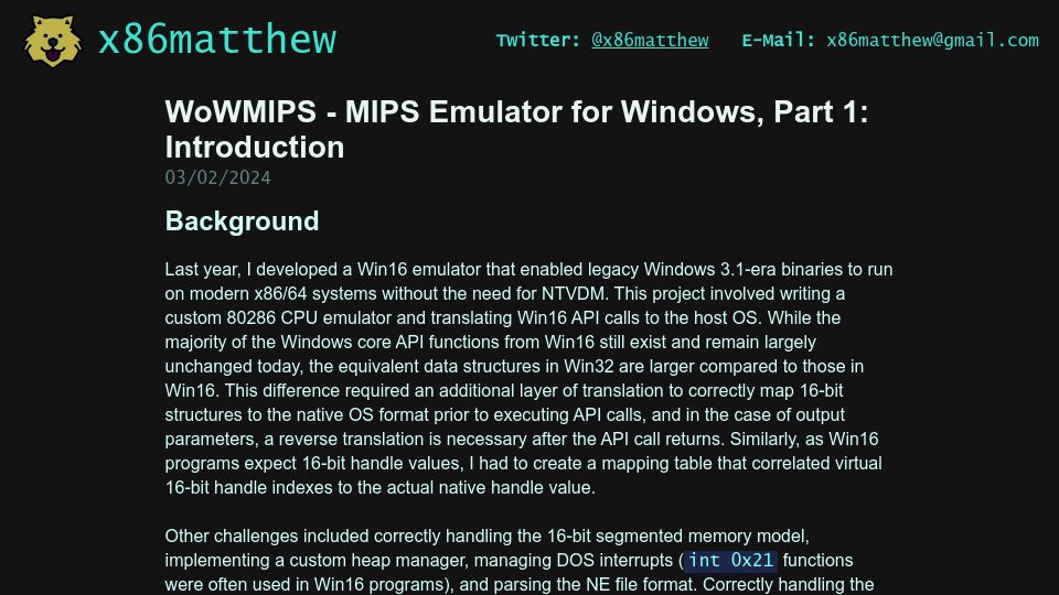 Screenshot of x86matthew.com: WoWMIPS – MIPS Emulator for Windows, Part 1: Introduction