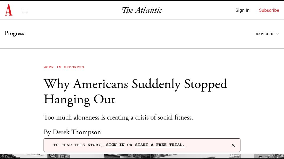 Screenshot of theatlantic.com: Why Americans Suddenly Stopped Hanging Out