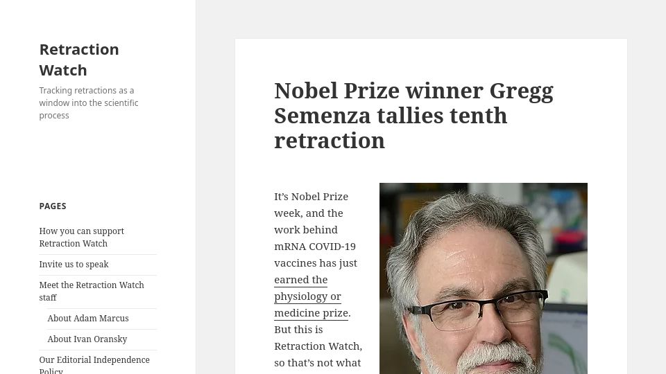 Screenshot of retractionwatch.com: Nobel Prize winner Gregg Semenza tallies tenth retraction (2023)