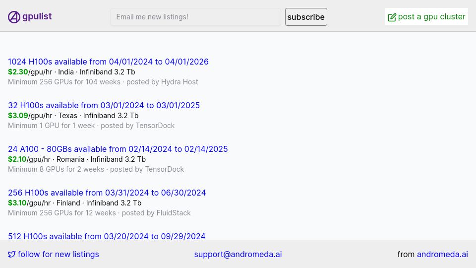 Screenshot of gpulist.ai: Gpulist – Craigslist for GPUs