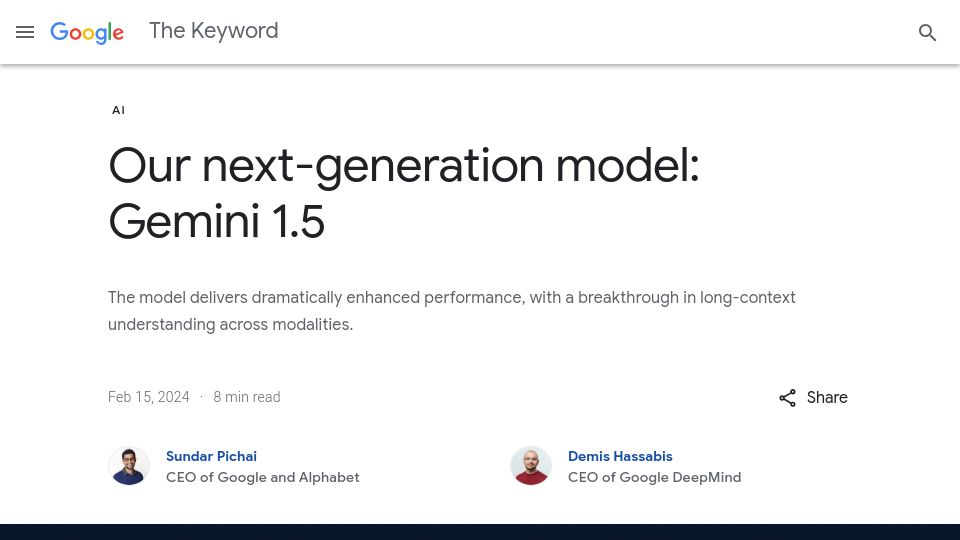 Screenshot of blog.google: Our next-generation model: Gemini 1.5