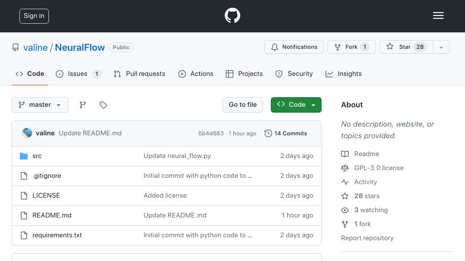 Screenshot of github.com: Show HN: NeuralFlow – Visualize the intermediate output of Mistral 7B