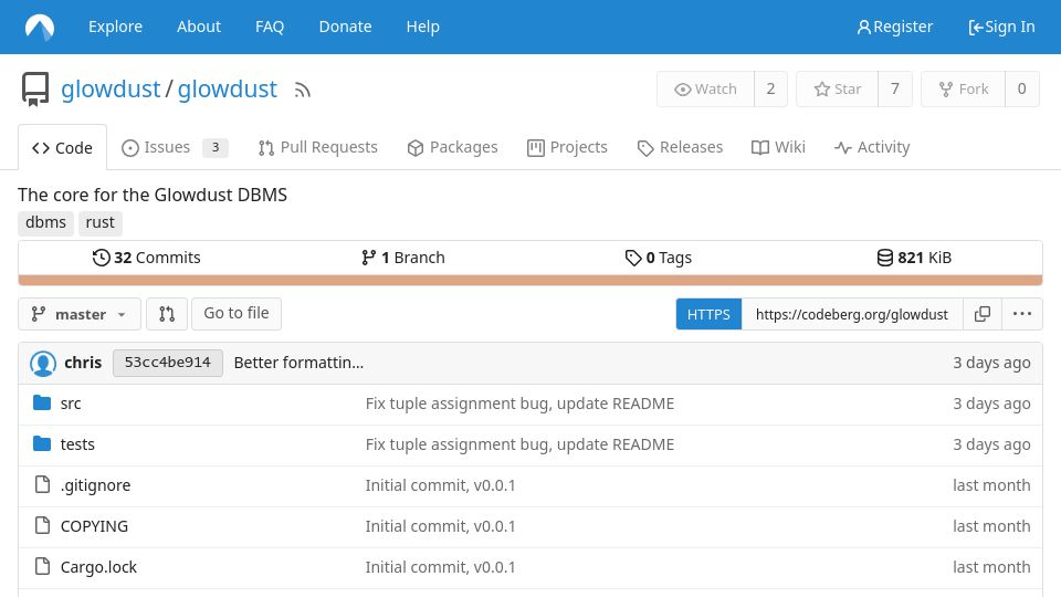Screenshot of codeberg.org: Glowdust is a new kind of database management system