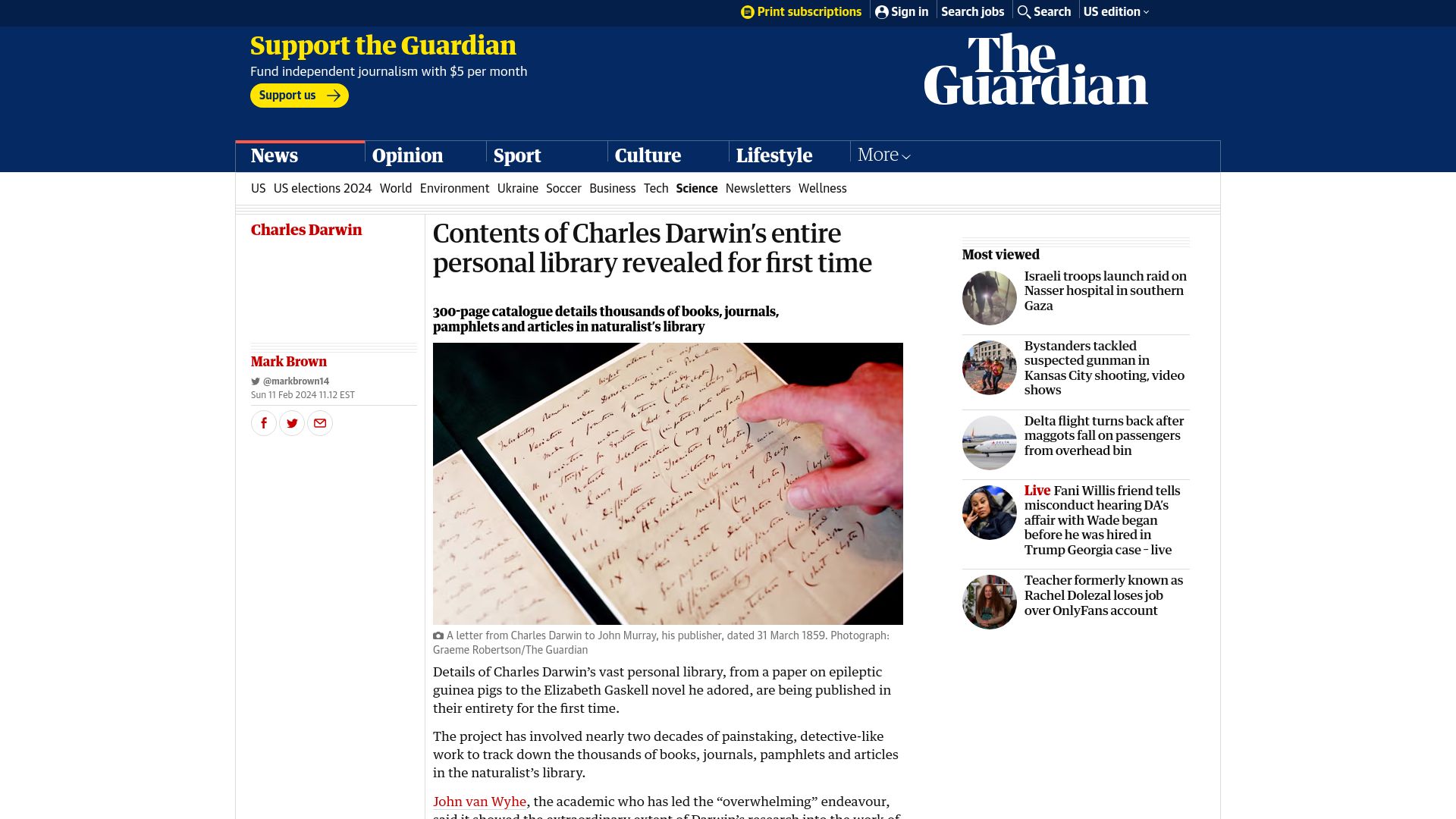 Screenshot of theguardian.com: Contents of Charles Darwin's entire personal library revealed for first time