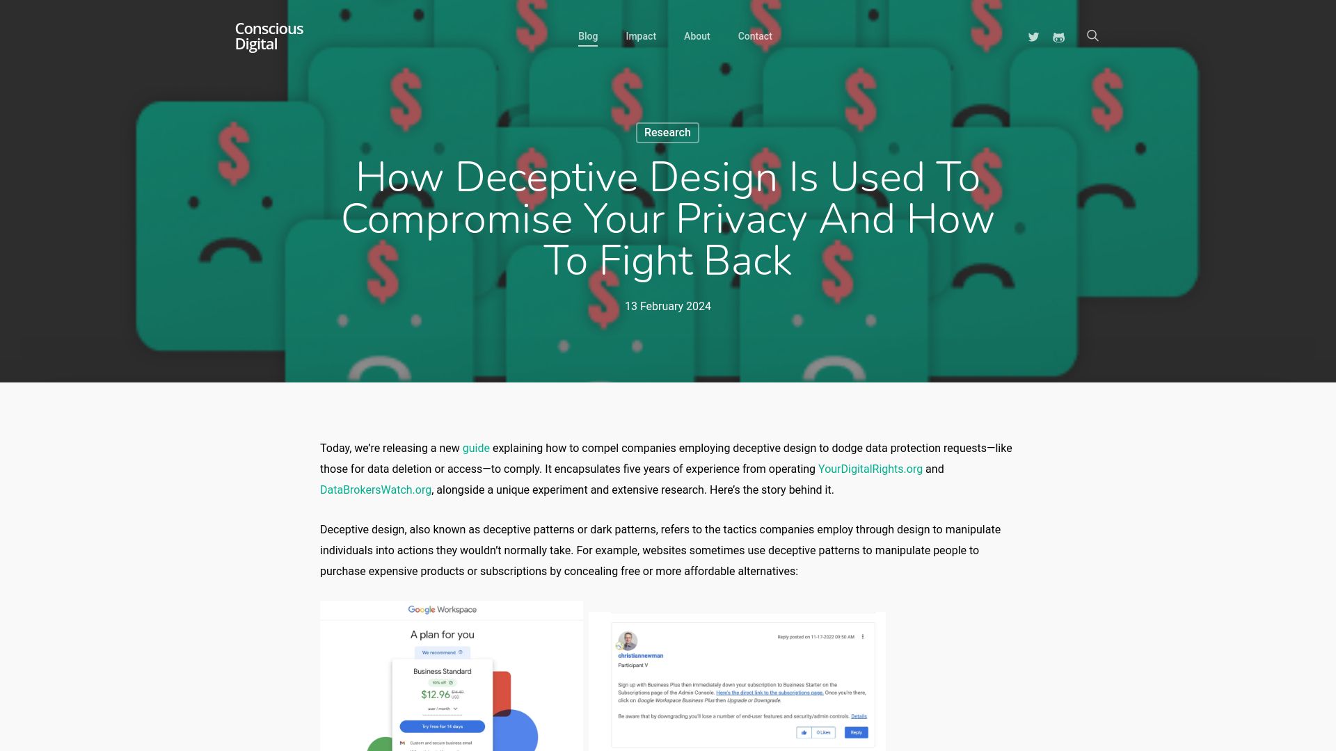Screenshot of consciousdigital.org: How deceptive design is used to compromise your privacy and how to fight back