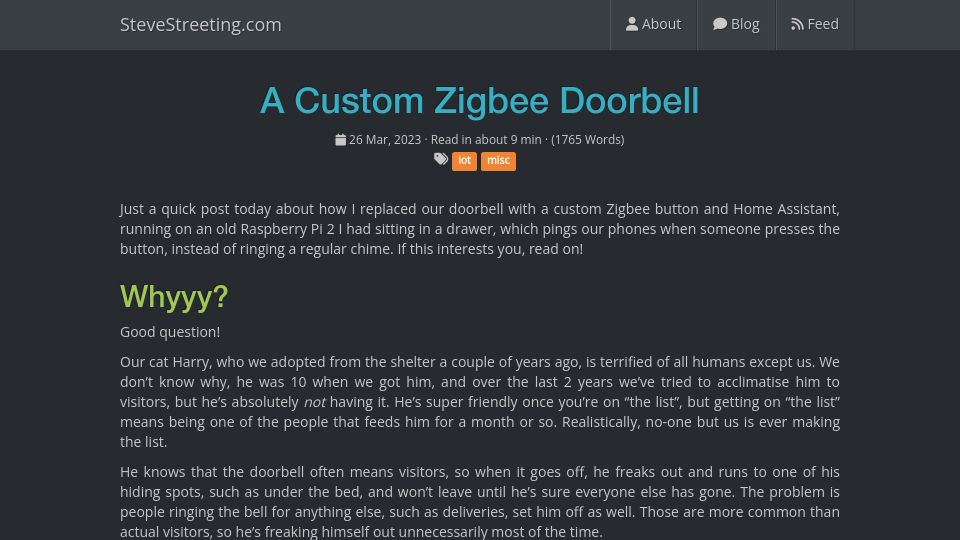 Screenshot of stevestreeting.com: A custom Zigbee doorbell (2023)