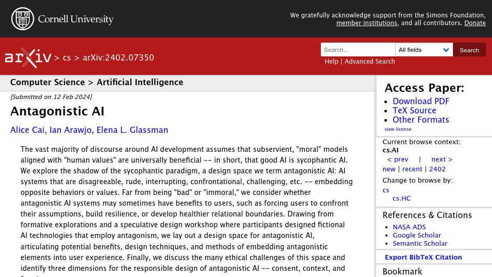 Screenshot of arxiv.org: Antagonistic AI