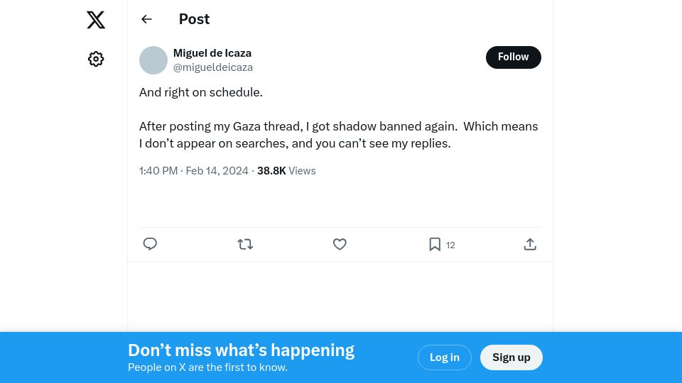 Screenshot of twitter.com: Miguel de Icaza shadowbanned from X for posting about Gaza