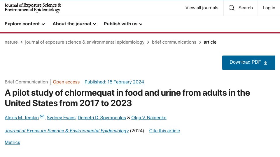 Screenshot of nature.com: Chlormequat in food and urine from adults in the United States from 2017 to 2023