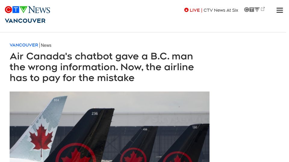 Screenshot of bc.ctvnews.ca: Air Canada is responsible for chatbot's mistake: B.C. tribunal