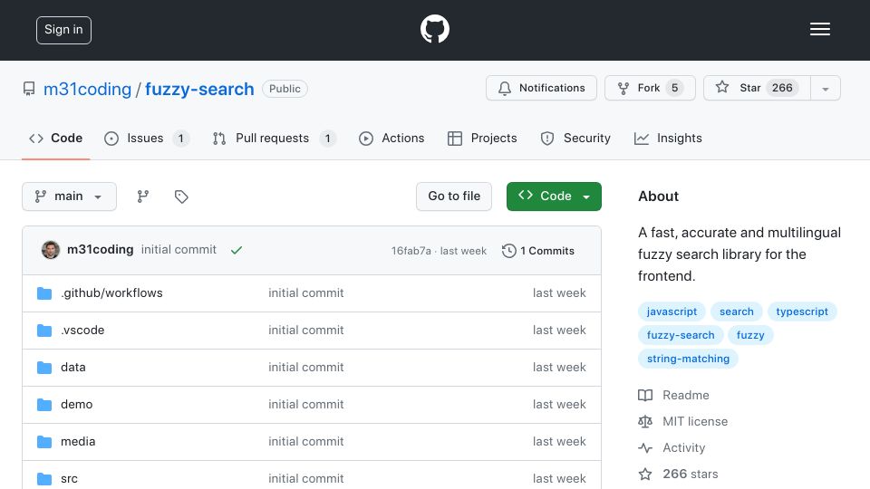 Screenshot of github.com: Show HN: Frontend Fuzzy Search