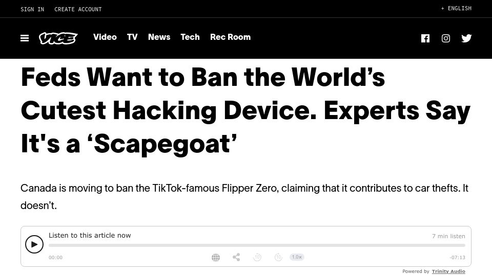 Screenshot of vice.com: Feds want to ban the Flipper Zero – Experts say it's a scapegoat