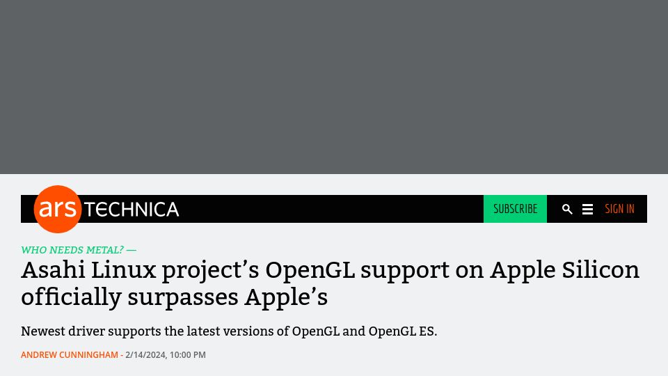 Screenshot of arstechnica.com: Asahi Linux project's OpenGL support on Apple Silicon officially surpasses Apple