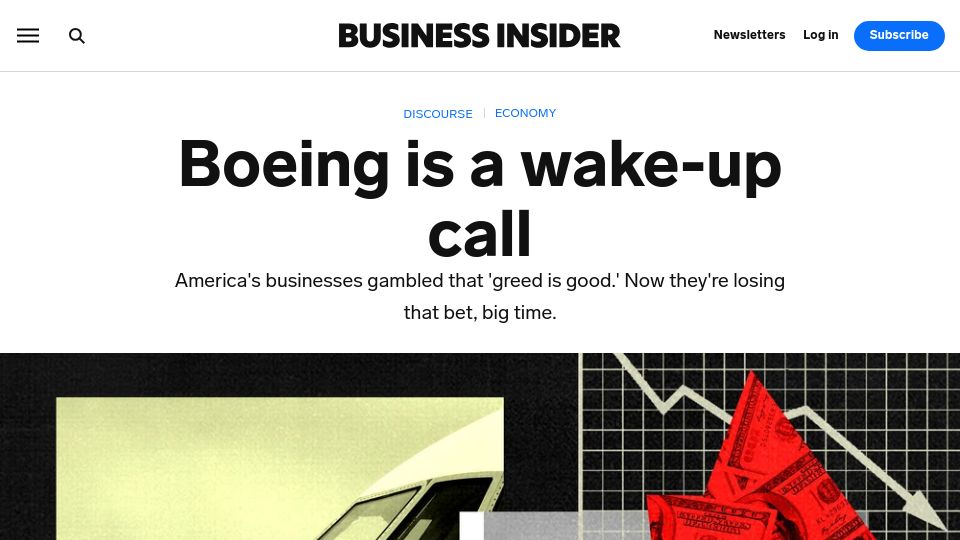 Screenshot of businessinsider.com: Boeing Disaster Proves Americans Businesses Greedy Mentality Is Broken