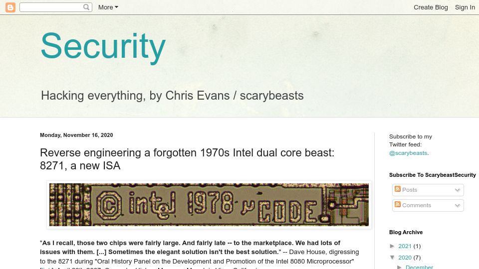 Screenshot of scarybeastsecurity.blogspot.com: Reverse engineering a forgotten 1970s Intel dual core beast: 8271 (2020)