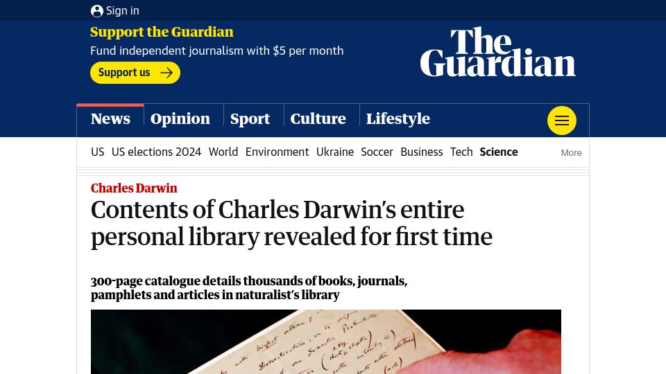 Screenshot of theguardian.com: Contents of Charles Darwin's entire personal library revealed for first time