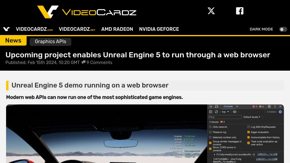 Screenshot of videocardz.com: Unreal Engine 5 now has WebGPU support