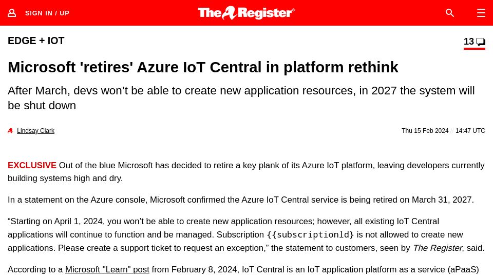 Screenshot of theregister.com: Microsoft 'retires' Azure IoT Central in platform rethink
