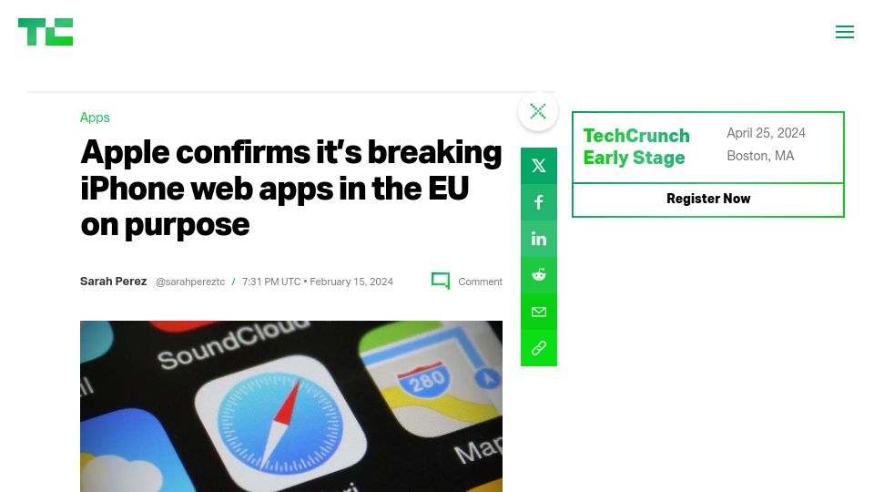 Screenshot of techcrunch.com: Apple confirms it's breaking iPhone web apps in the EU on purpose