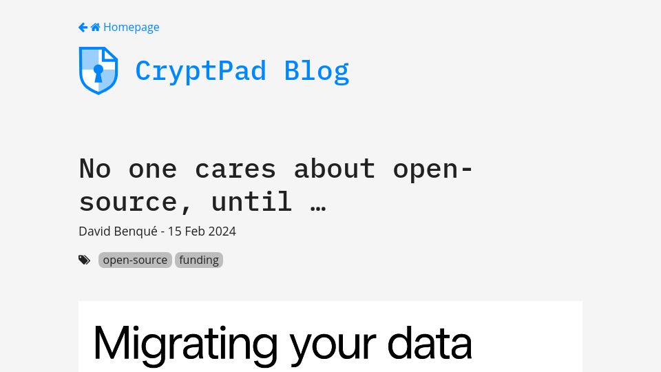 Screenshot of blog.cryptpad.org: No one cares about open-source, until