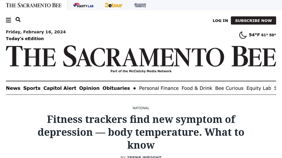 Screenshot of sacbee.com: Fitness trackers find new symptom of depression: body temperature